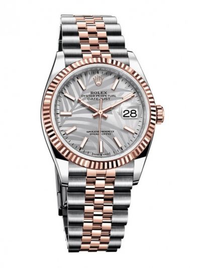 Best Rolex Datejust 36 Rose Gold Fluted Bezel Palm Pattern Silver Dial Women Two-tone Sticks Markers Watch