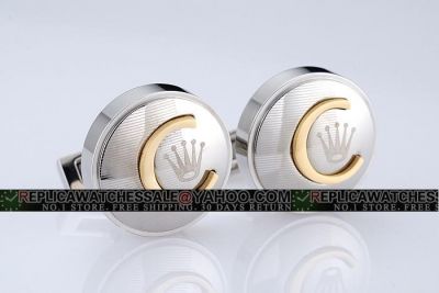 Imitated Rolex Round Silver Cufflinks With Crown Yellow Gold Letter C decoration