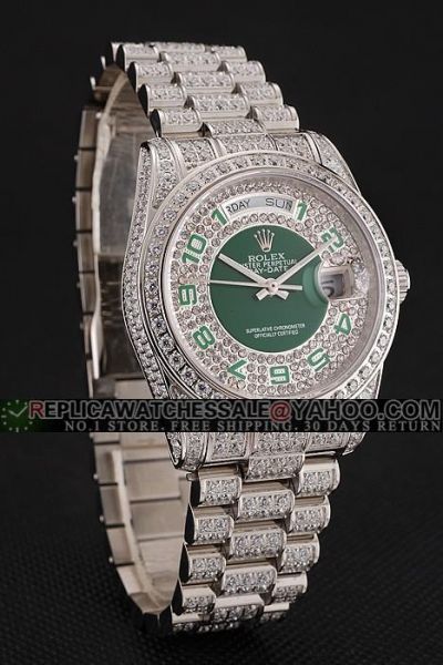 Luxury Rolex Day-date All Diamonds  Phony Swiss Unisex Green Arabic Markers Watch Site 
