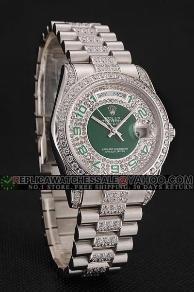 Unisex Rolex Day-date Full-set Diamonds Green Dial& Arabic Numerals SS Business Swiss Watch 