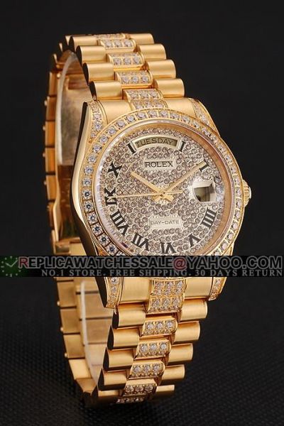 Hot Selling Females Rolex Day-date Black Roman Scale Week Window Yellow Gold Full Diamonds Date Watch