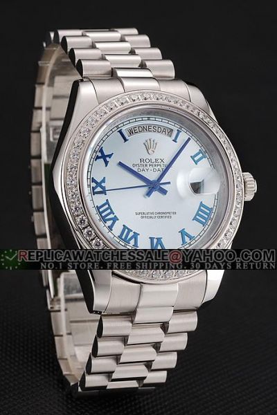Swiss Rolex Day-date Blue Roman Markers&Hands Silver Bracelet Couple's Diamonds Bezel Watch Ref.118366-83206