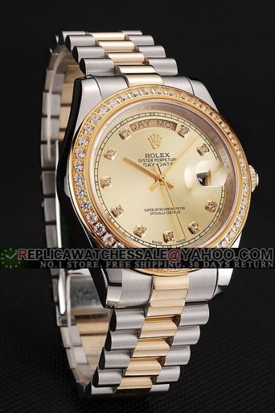 Rolex Day-date Gold Dial All Rhinestone Bezel Diamonds Scale 2-Tone Bracelet Swiss Movement Watch