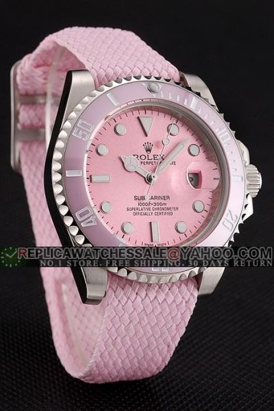 Women's Rolex Submariner Ceramic Dive Bezel SS Case Cloth Strap Mercedes Hands Pink Date Watch Replica