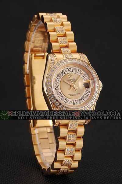 Cheap Rolex Datejust Roman Scale Diamonds Bezel/Dial/Bracelet Females Yellow Good Fake Date Watch 1453953 