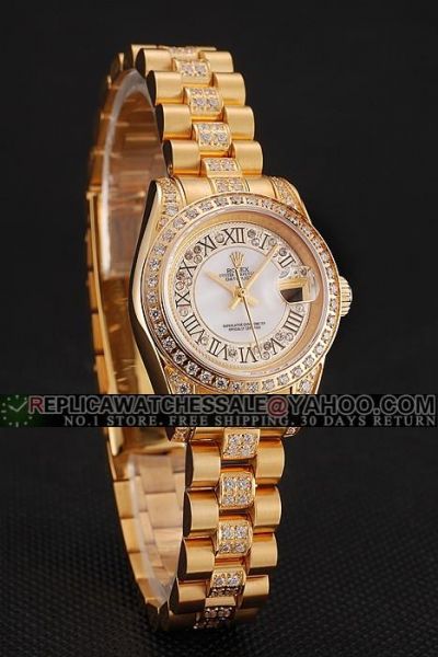 Women's Rolex Datejust White Pearl Dial Roman Marker Fashion Yellow Gold Paved Diamonds Date Bracelet Watch 1453957
