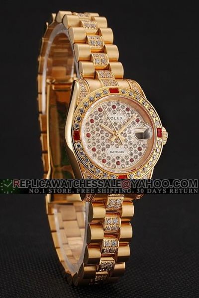 Rolex Datejust 18K Gold Paved Red & White Diamonds Convex Lens Date Window Females 28MM Swiss Watch 1453959