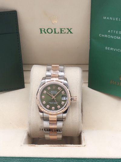 Low Price Rolex Datejust 31 Mint Green Face Domed Bezel Convex Lens Date Window Diamonds Marker Oyster Bracelet Watch