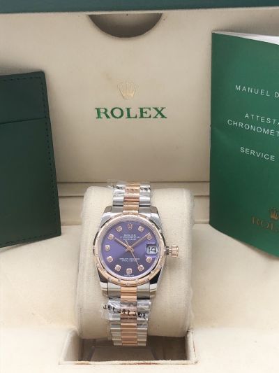 Rolex High End Datehust 31 Women Diamonds Bezel/Marker Aubergine Dial Two-tone Rose Gold Date Watch