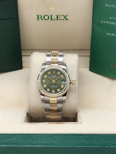 2021 Popular Rolex Domed Bezel Mint Green Dial Diamonds Markers Oyster Bracelet Two-tone Watch For Ladies 278343RBR