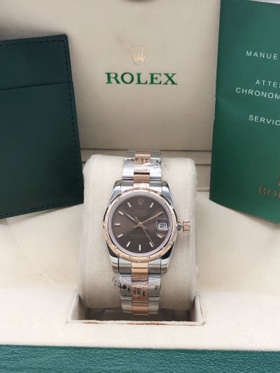 Hot Selling Rolex Datejust 31 Brown Dial Baton Marker Two-tone Oyster Bracelet Diamonds Bezel Women Rose Gold Watch