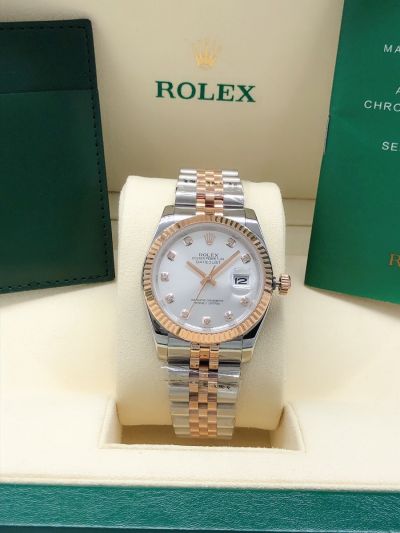 High Quality Rolex Datejust 36 Rose Gold Fluted Bezel Diamonds Markers White Face Women Two-tone Date Watch