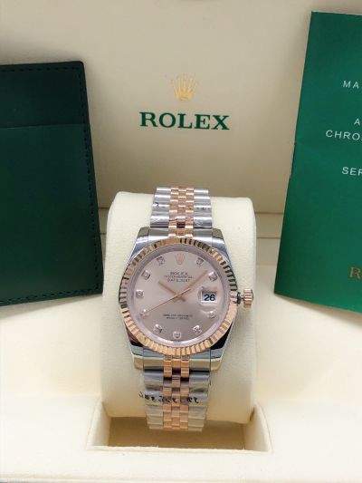 Rolex Datejust 36 Luxury Diamonds Markers Rose Gold Dial Fluted Bezel Female Two-tone Date Watch Replica