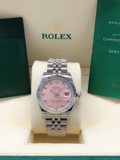 2021 Cheapest Rolex Datejust 36 Pink Dial Diamonds Markers Women Stainless Steel Fluted Bezel Watch Replica