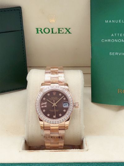 High End Rolex Datejust 31mm Paved Diamonds Bezel Start Markers Women Brown Dial Rose Gold Watch 