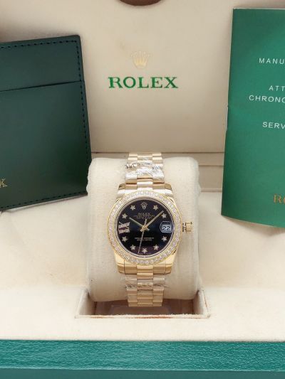 Cheapest Rolex Datejust Black Dial Diamonds Scales & Bezel Women Yellow Gold 31mm Start Motif Watch 