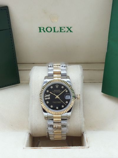 Fashion Rolex Datejust Star/Roman Style Markers Black Face Female Yellow Gold Two-tone Diamonds Watch