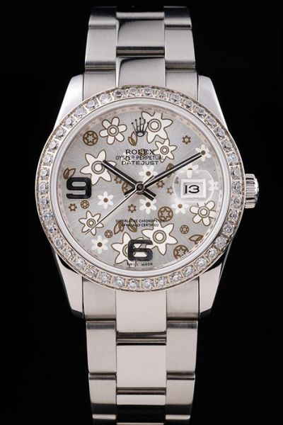 Unisex Rolex Datejust Diamonds Bezel Brown Flower Pattern Dial Stainless Steel Arabic Marker Bracelet Watch