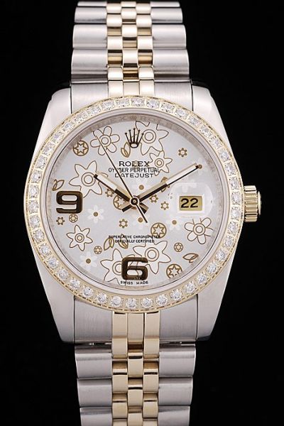 Rolex Datejust Oyster Perpetual Unisex 36MM Flroal Design Dial Diamonds Bezel Two-tone Bracelet Date Watch 