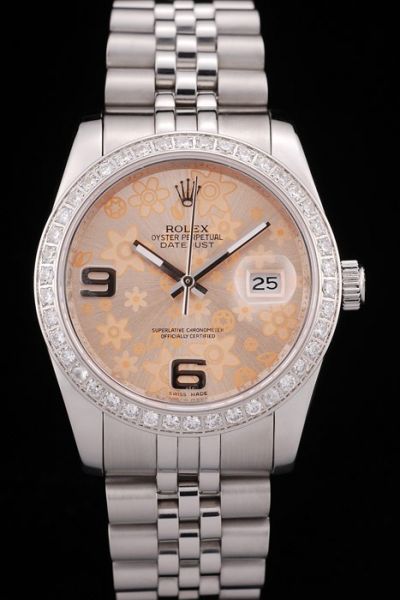 Unique Style Rolex Datejust Diamonds Bezel Orange Flower Pattern Dial Luxury Stainless Steel Watch For Lover