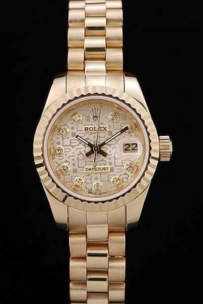 High-Quality Rolex Datejust Embossed Pattern Dial Diamond Scale Yellow Gold Plated Women Watch Free Delivery