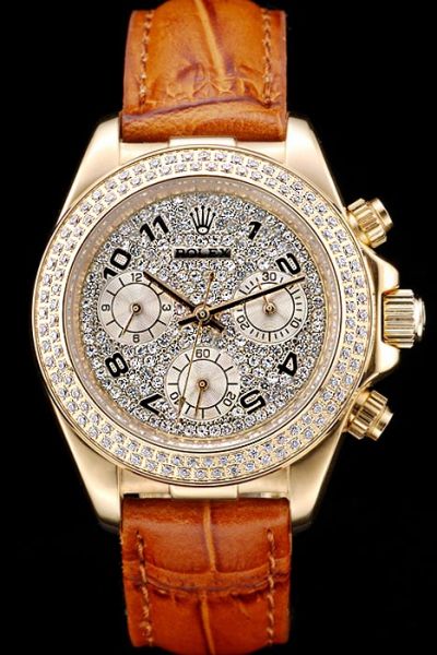 Rolex Daytona Orange Leather Strap Golden Case Black Arabic Scale Womens Covered Diamonds Clone Chronograph Watch 98237