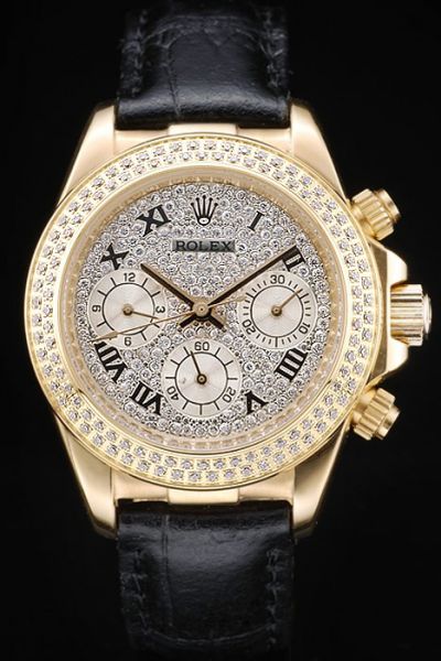 Rolex Daytona Yellow Gold Case/Bezel Black Strap Roman Marker Full Diamonds Chronograph Watch For Womens