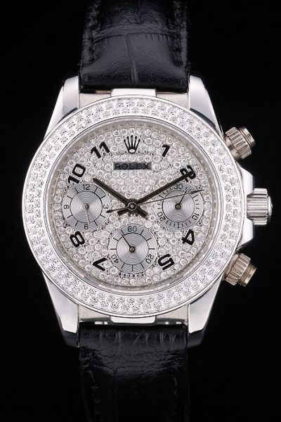 Rolex Daytona Classic Black Strap Full Diamonds Face/Bezel Arabic Marker Sub-dial Ladies Clone Chronograph Watch