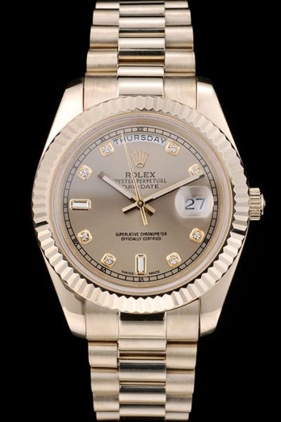 Unisex Rolex Day-date Diamonds Scales Fluted Bezel Week & Date Display Window All Yellow Gold Fake Watch