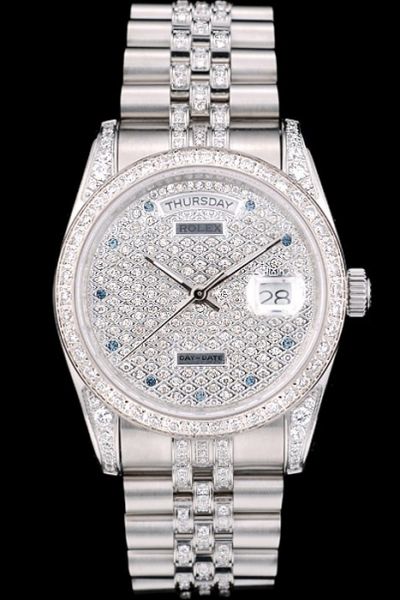 2019 Rolex Day-date Females Diamonds Dial & Bezel Stainless Steel Blue Marker 36MM Swiss Week/Date Watch Replica