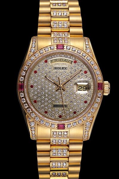 Luxury Rolex Daydate Ruby Scale Full-set Diamonds Week Display Window Yellow Gold Swiss Watch Online