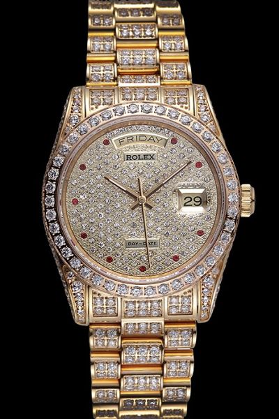 Rolex Swiss Daydate Diamonds Dial/Bezel/Bracelet Rubies Marker Yellow Gold Date Watch For Womens 