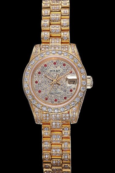Lady Rolex Datejust Full-set Rhinestone All Yellow Gold Red Diamond Hour Marker Watch