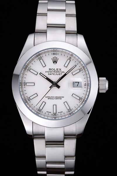 Rolex Datejust Oyster Perpetual Stick Marker Convex Lens Date Window Unisex White Dial SS Watch Replica Ref.116200-72600