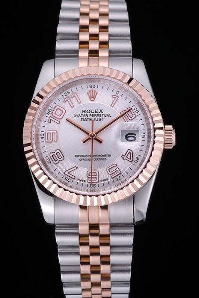 Rolex Datejust Oyster Perpetual Arabic Marker White Dial Rose Gold Fluted Bezel Unisex 2-Tone Bracelet Watch