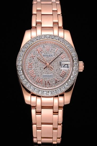 Rolex Datejust Studded With Diamonds Bezel/Dial Rose Gold Plated Case Transparent Date Window Women Watch