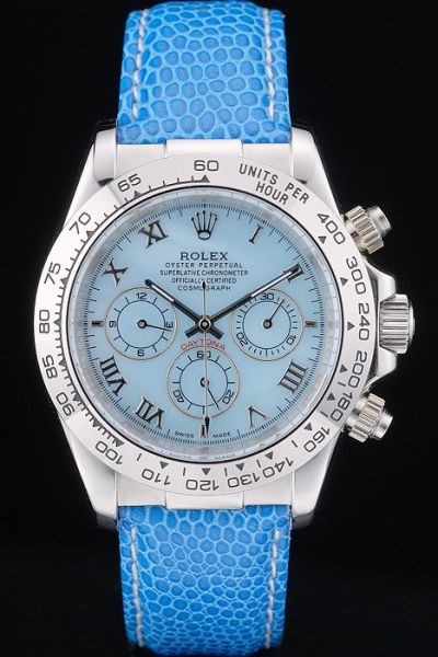 Hot Selling Rolex Daytona Blue Strap Roman Scale Baby Blue Dial Tachymeter Bezel Womens SS Chronograph Watch Ref.116519