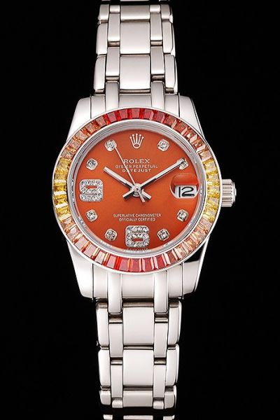 Luxurious Rolex Datejust Diamonds Bezel Orange Dial Diamonds Markers Stainless Steel Bracelet Watch For Women
