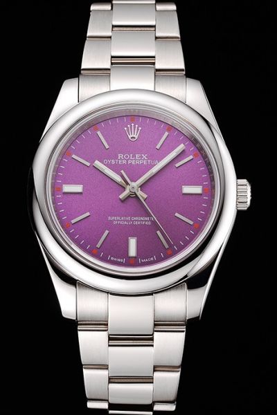New Rolex Oyster Perpetual Silvery Smooth Bezel Purple Dial Stick Index Steel Bracelet Unisex Watch