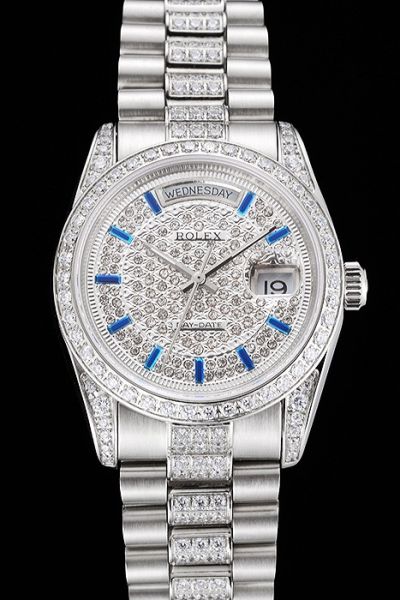 New Style Rolex Day-date Sapphire Stick Scale Week Display Window Ladies Paved Diamonds SS Date Watch UK