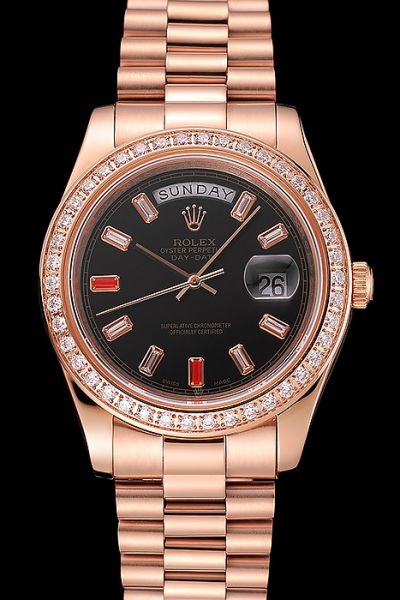 Rolex Day-date Rose Gold  Bracelet  SS Qualitu Ruby-ish Scale Slender Pointers Swiss Watch