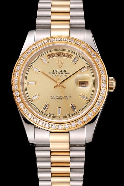 Swiss Couple's Rolex Day-date Gold Face Rhinestone-pave Bezel  Knock-off Dual-tone Steel Bracelet Watch Ref.228398TBR