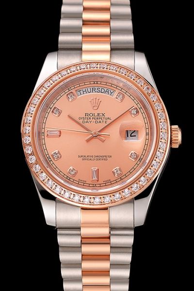 Swiss Rolex Day-date Diamonds Bezel & Scale Two-tone Bracelet Rose Gold Dial Ladies Week Window Watch