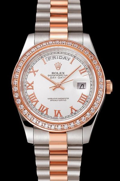 2019 Popular Rolex Day-date Two-tone Bracelet Roman Marker Week Window Rose Gold Diamonds Bezel Ladies Watch Ref.118235
