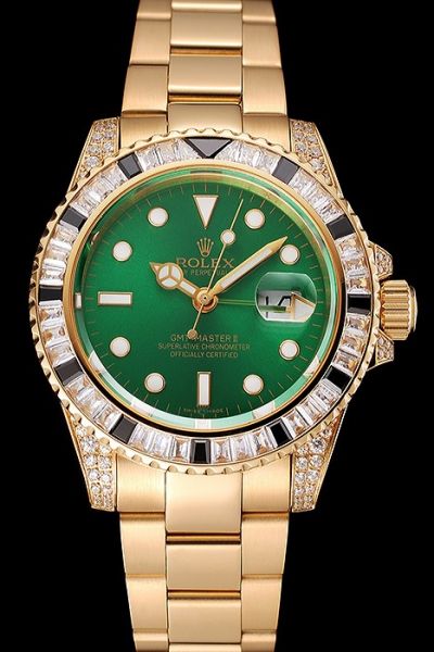 Rolex Master II Green Dial Black&White Diamonds Bezel Yellow Gold Bracelet Womens Swiss GMT Watch Ref.116758SARU-78208