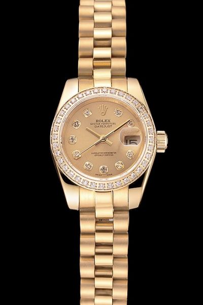 Swiss Rolex Datejust Inlaid Diamonds Bezel 18k Yellow Gold Plated Dial/Bracelet Luxurious Watch Ref.116243