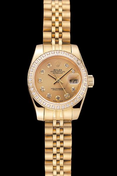 Luxury Swiss Rolex Knock-off Datejust Diamonds Bezel Yellow Gold Plated Case/Bracelet Lady Watch Hot Selling
