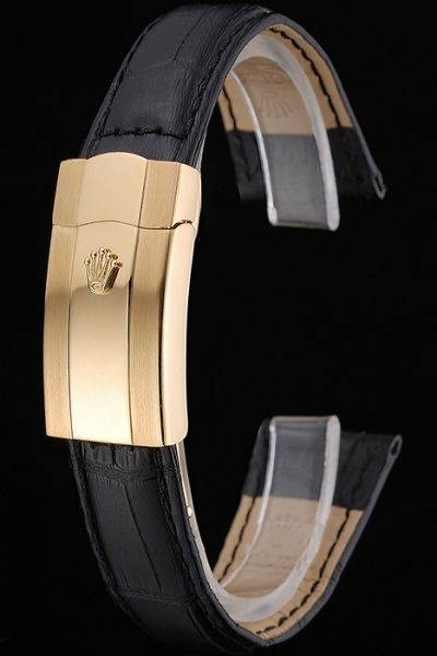 Fashion Rolex Black Leather Strap And Yellow Gold Fold Over Clasp Watches Bracelet Hot Selling
