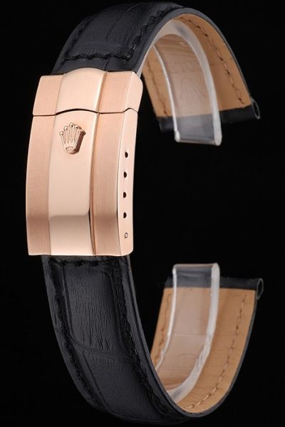 Vogue Rolex Black Leather Strap And Rose Gold Safety Fold Over Clasp Watches Bracelet