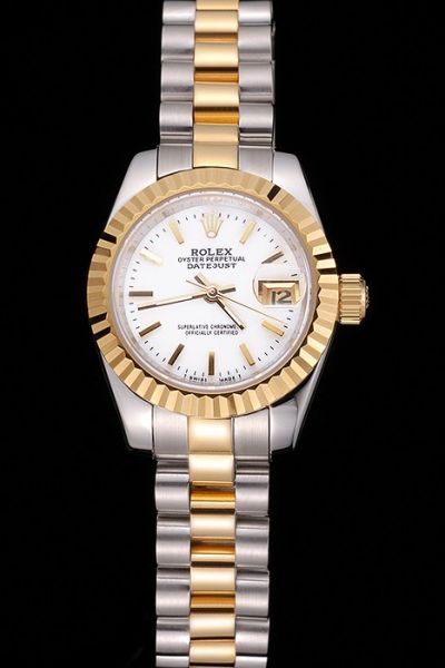Rolex Datejust Oyster Perpetual Two-tone Bracelet White Dial Baton Scale Womens Yellow Gold Date Watch